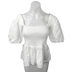 Koko + Mason White Smocked Eyelet Puff Sleeve Square Neck Peplum Blouse Top Sz M